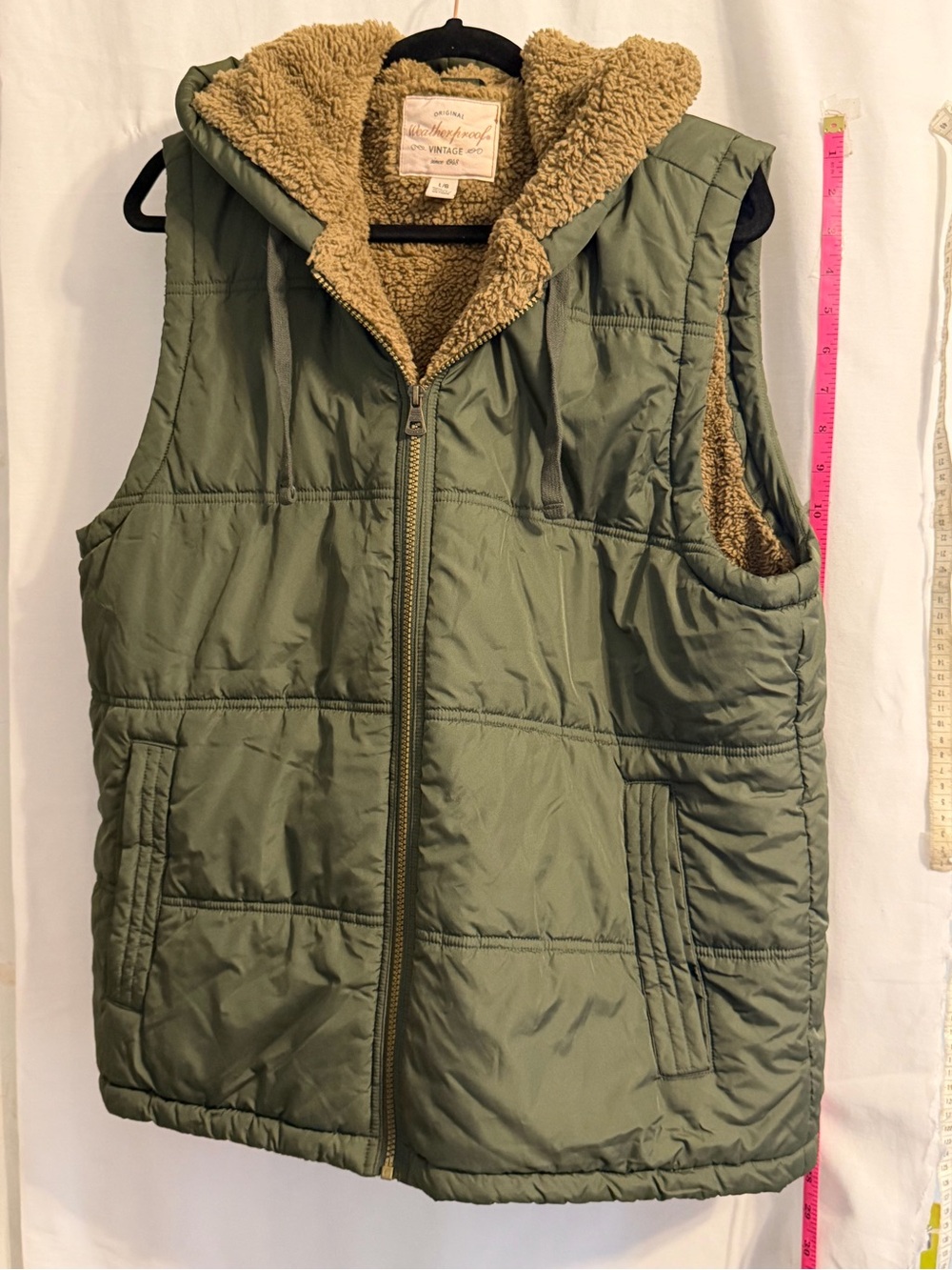 Vintage Weatherproof Men  Green Zip Vest Sherpa Lined SZ L Hunting Nature